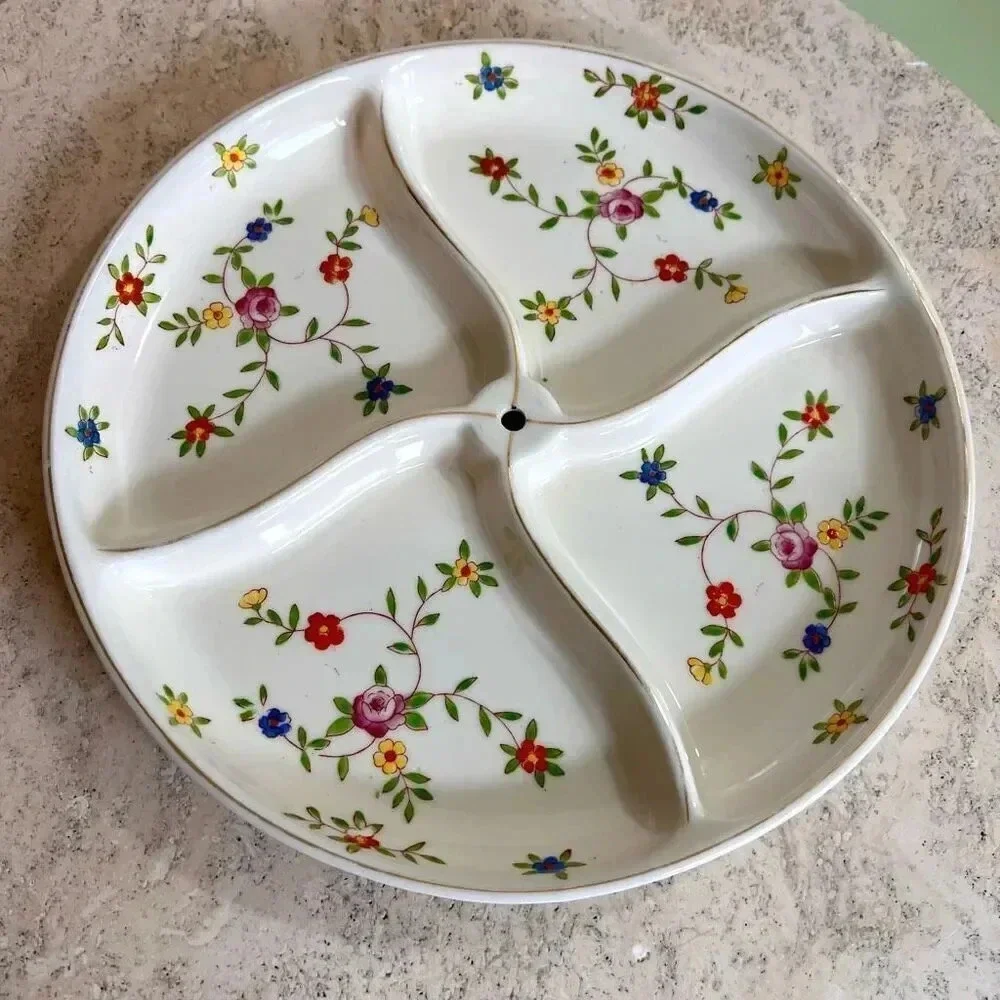 Vintage White Floral Round Four Section Divided Dish Plate Hand Painted Japan‎